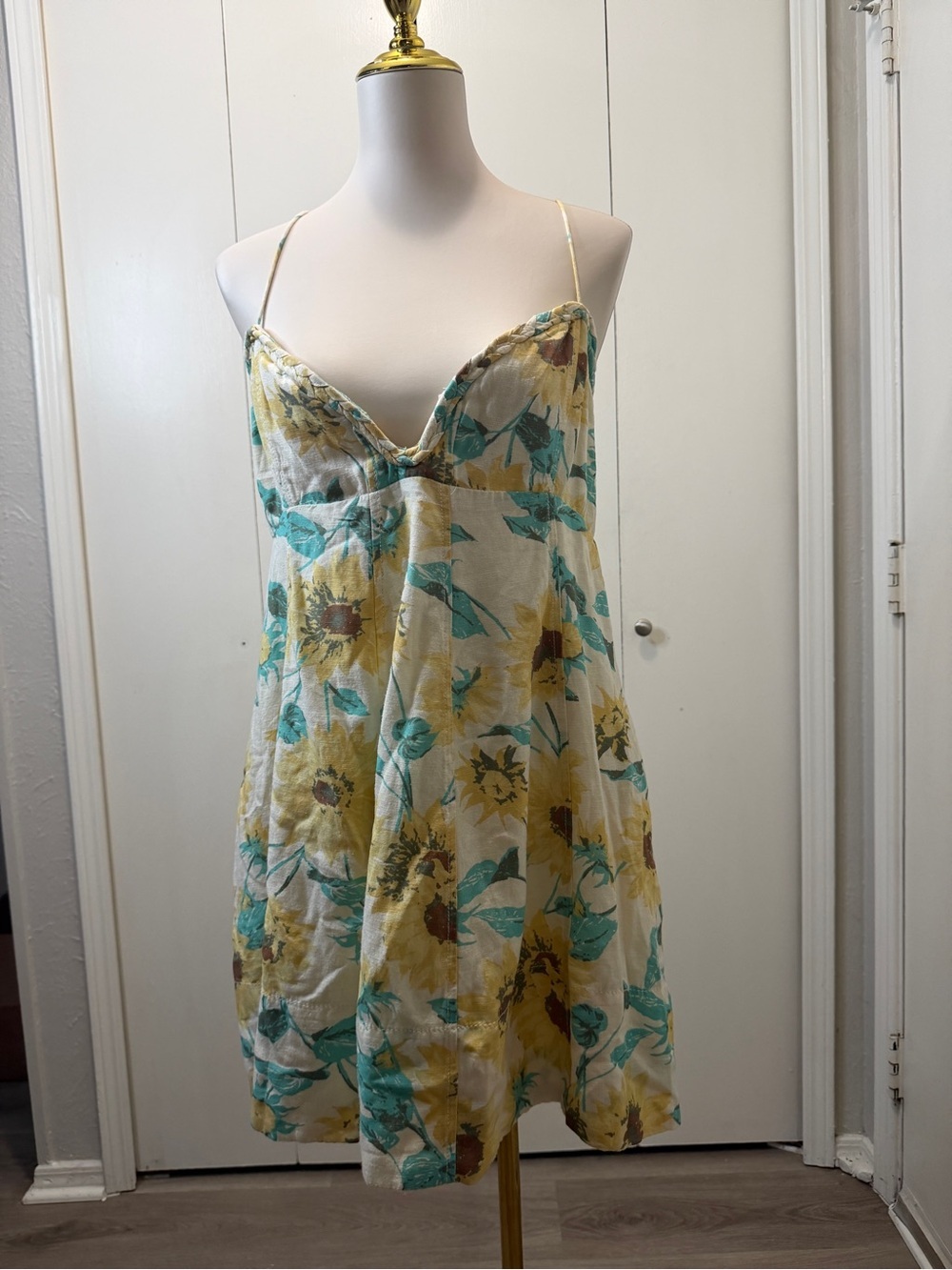 Free People Cream Floral Backless Mini Dress with Teal and Mustard Print - Picture 3 of 9